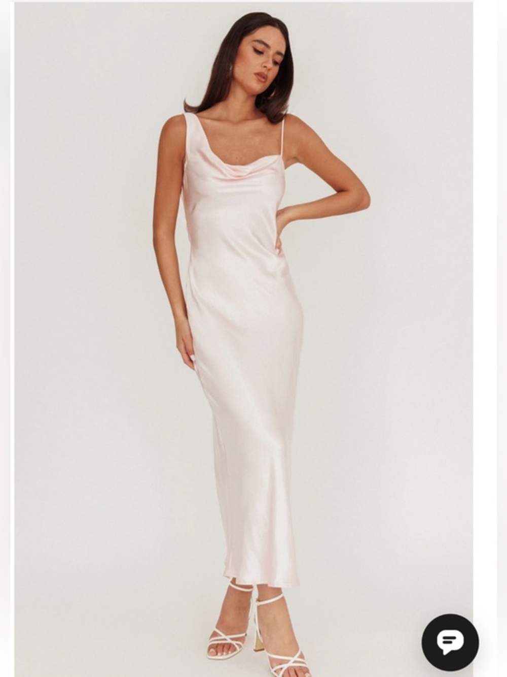 NWOT Selfie Leslie Treats Cowl Back Satin Maxi Dress Baby Pink